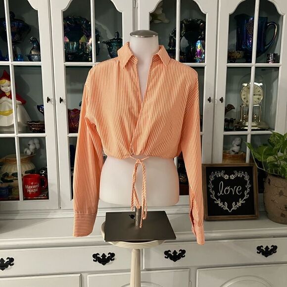 Cropped Blouse Orange & White Sz Small - Picture 1 of 9